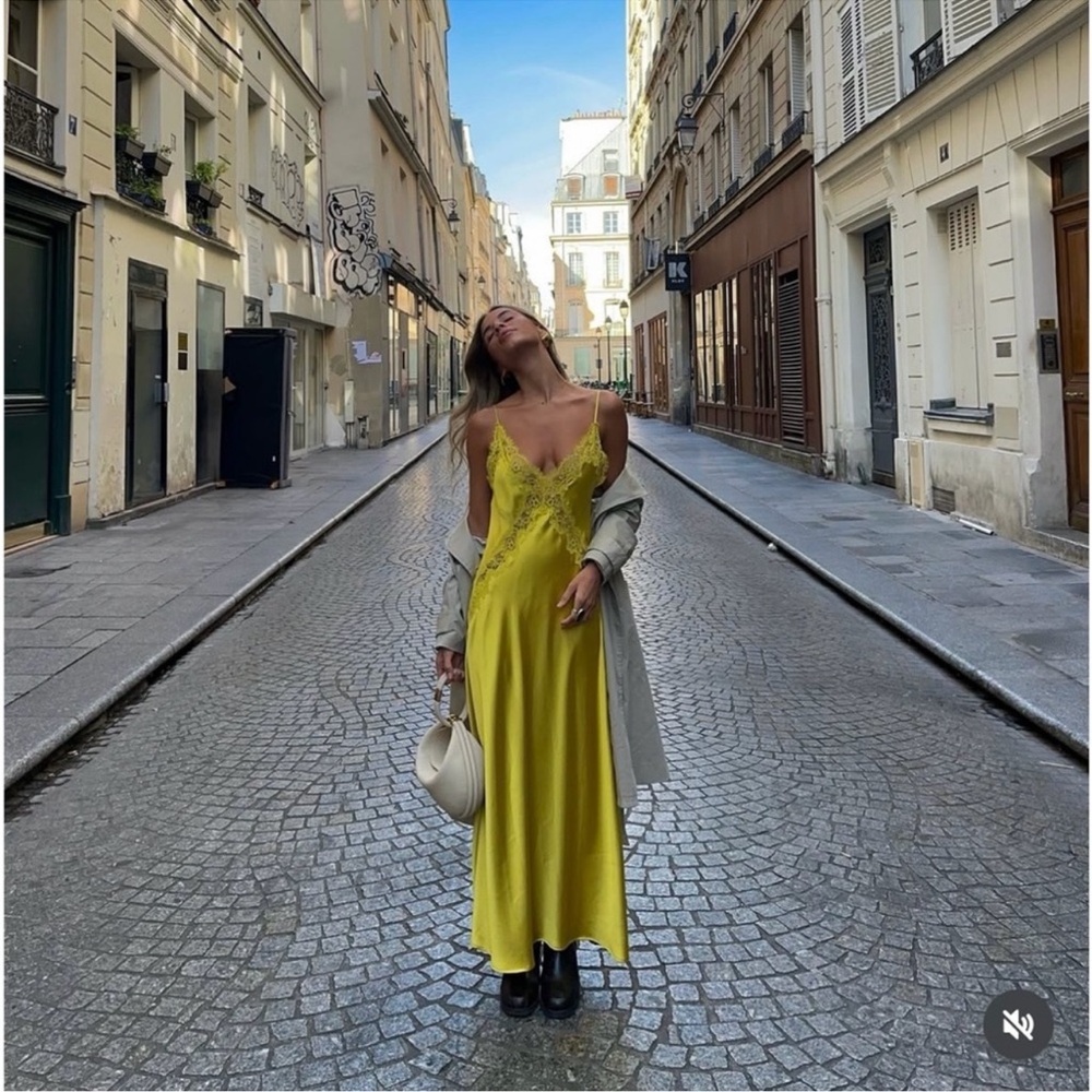 ZARA Yellow Satin Midi Slip Dress with Lace, New Medium - Picture 6 of 17